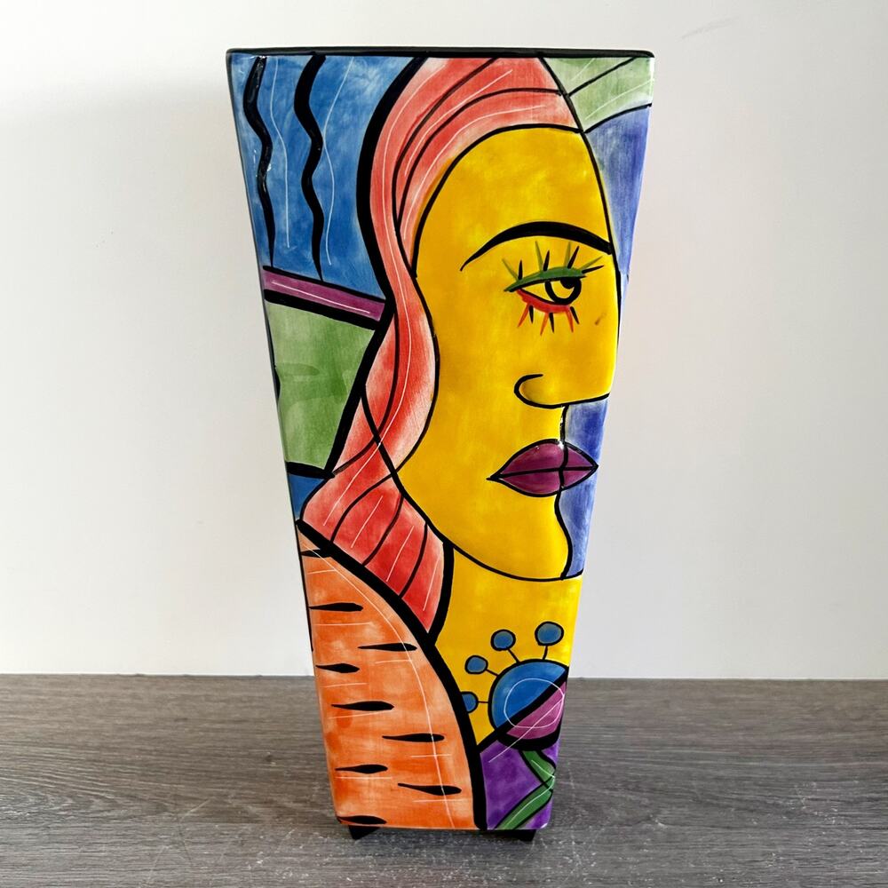 Muzeum Picasso Style Cubism Abstract Face Memphis Art Pottery Ceramic 13" Vase